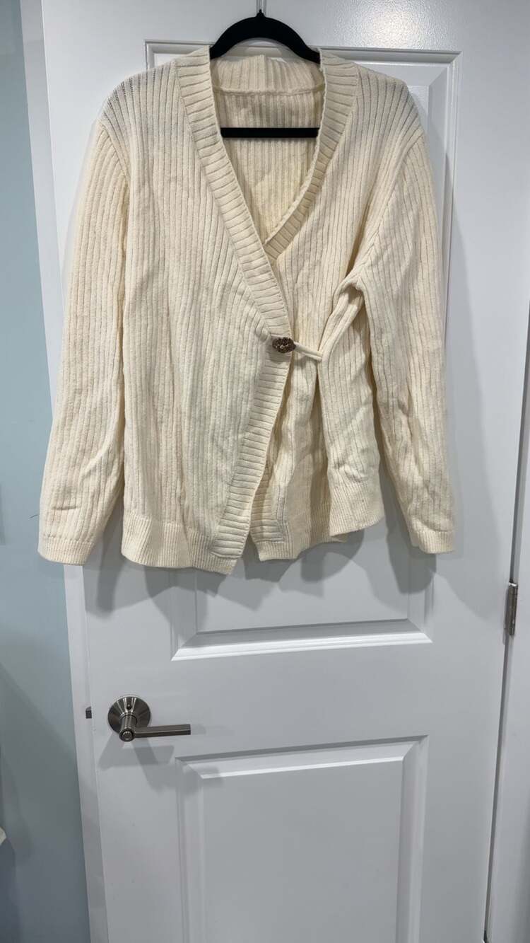 Ribbed Knit Wrap Cardigan with Decorative Button in Cream